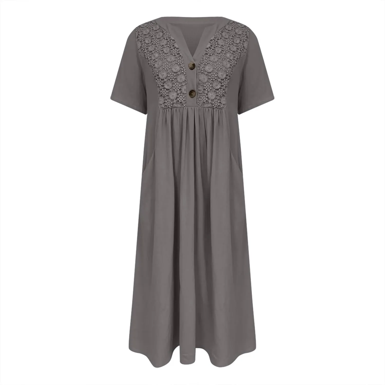 2025 Summer Boho Maxi Dress for Women V-Neck Button & Lace Trim Beach Vacation Dress with Pockets Loose Sundress
