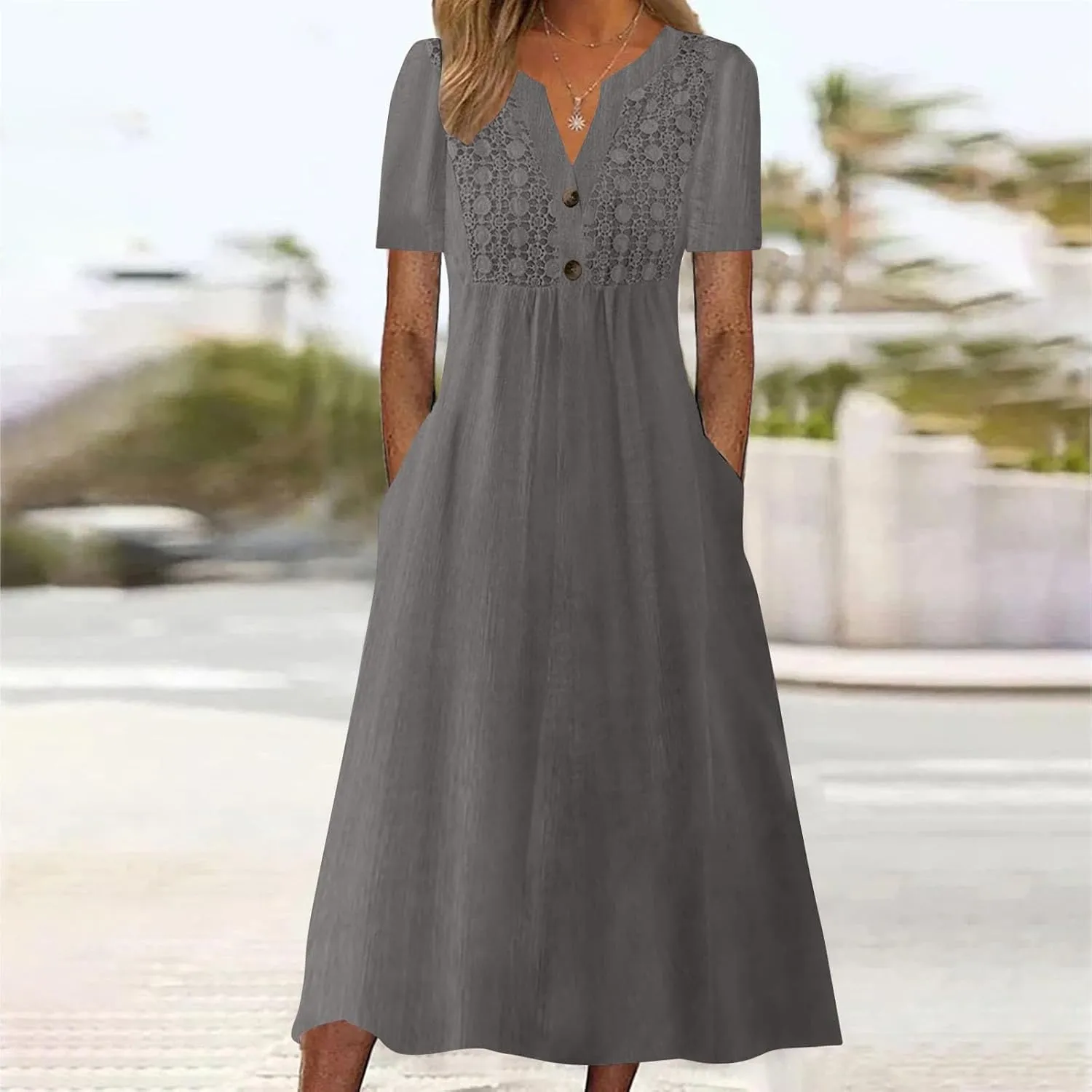2025 Summer Boho Maxi Dress for Women V-Neck Button & Lace Trim Beach Vacation Dress with Pockets Loose Sundress