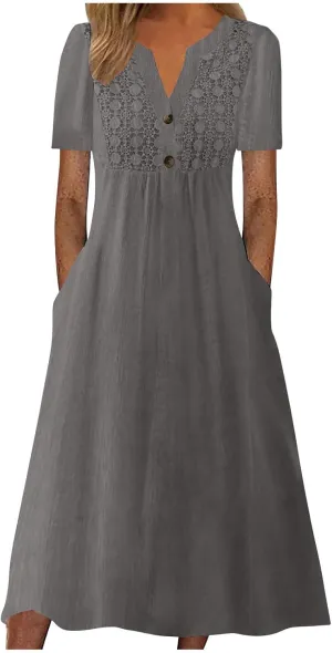 2025 Summer Boho Maxi Dress for Women V-Neck Button & Lace Trim Beach Vacation Dress with Pockets Loose Sundress