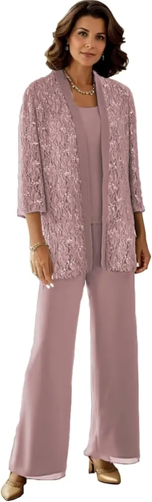 3 Pieces Mother of The Bride Pantsuits for Women Long Sleeve Lace Outfit Dressy Pant Suits with Jacket PS008