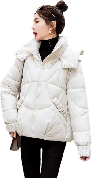 Adhdyuud Women's Down Jackets Ultra Light Warm Casual Coat Puffer Hooded Parka Short Cotton Padded Overcoat