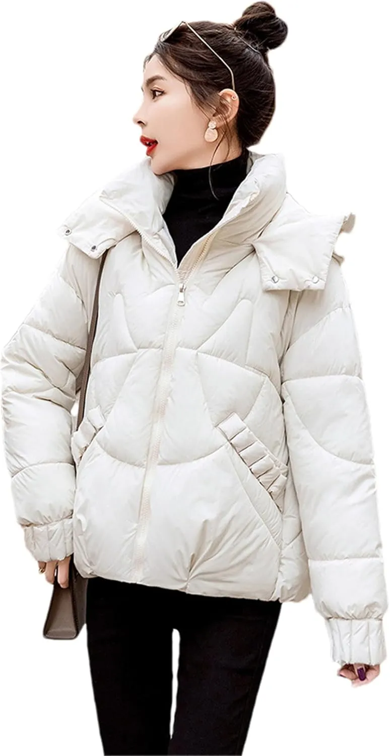 Adhdyuud Women's Down Jackets Ultra Light Warm Casual Coat Puffer Hooded Parka Short Cotton Padded Overcoat