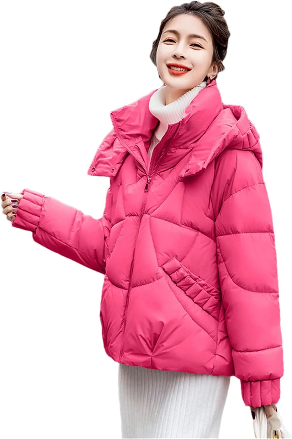 Adhdyuud Women's Down Jackets Ultra Light Warm Casual Coat Puffer Hooded Parka Short Cotton Padded Overcoat