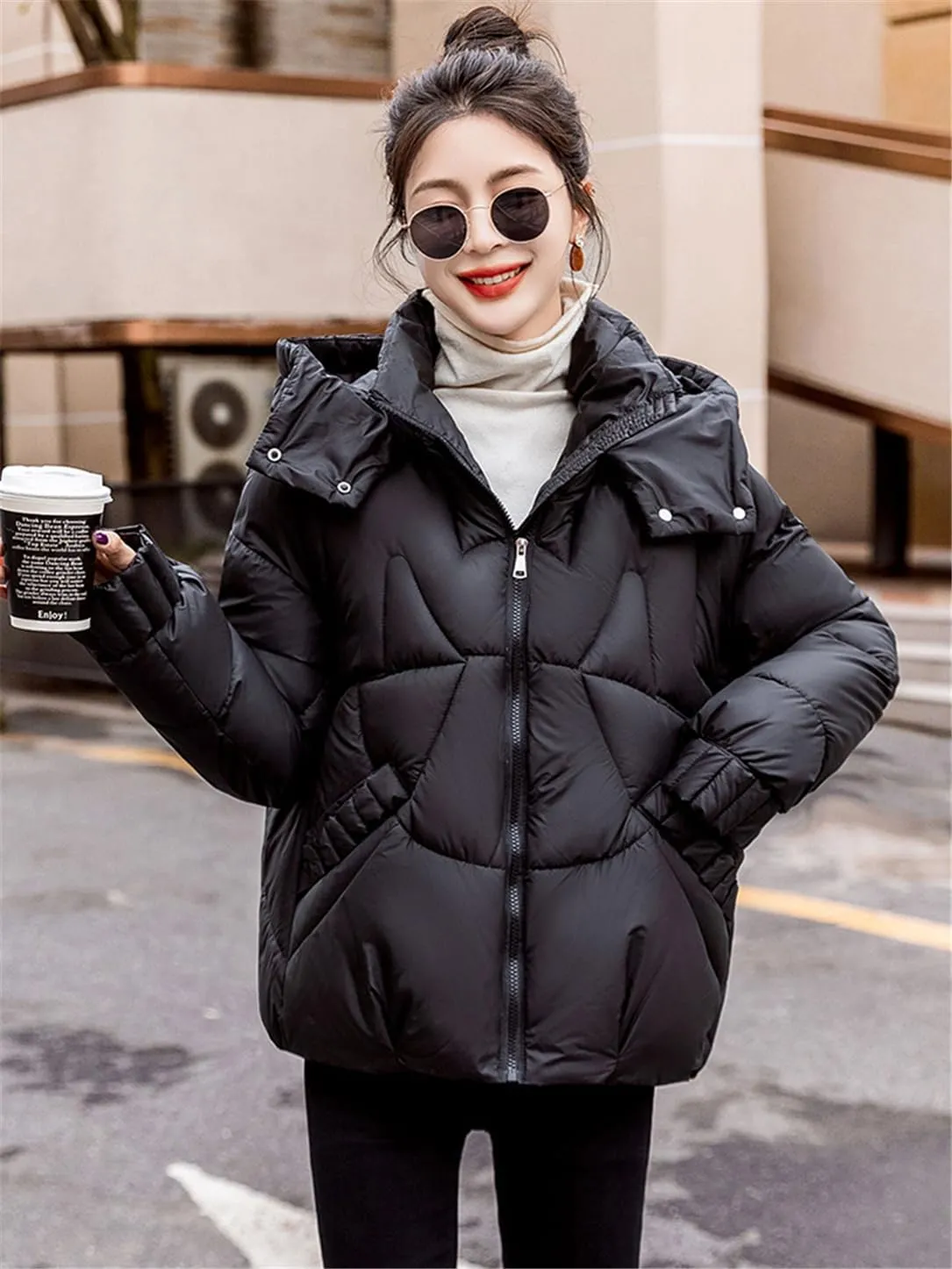 Adhdyuud Women's Down Jackets Ultra Light Warm Casual Coat Puffer Hooded Parka Short Cotton Padded Overcoat