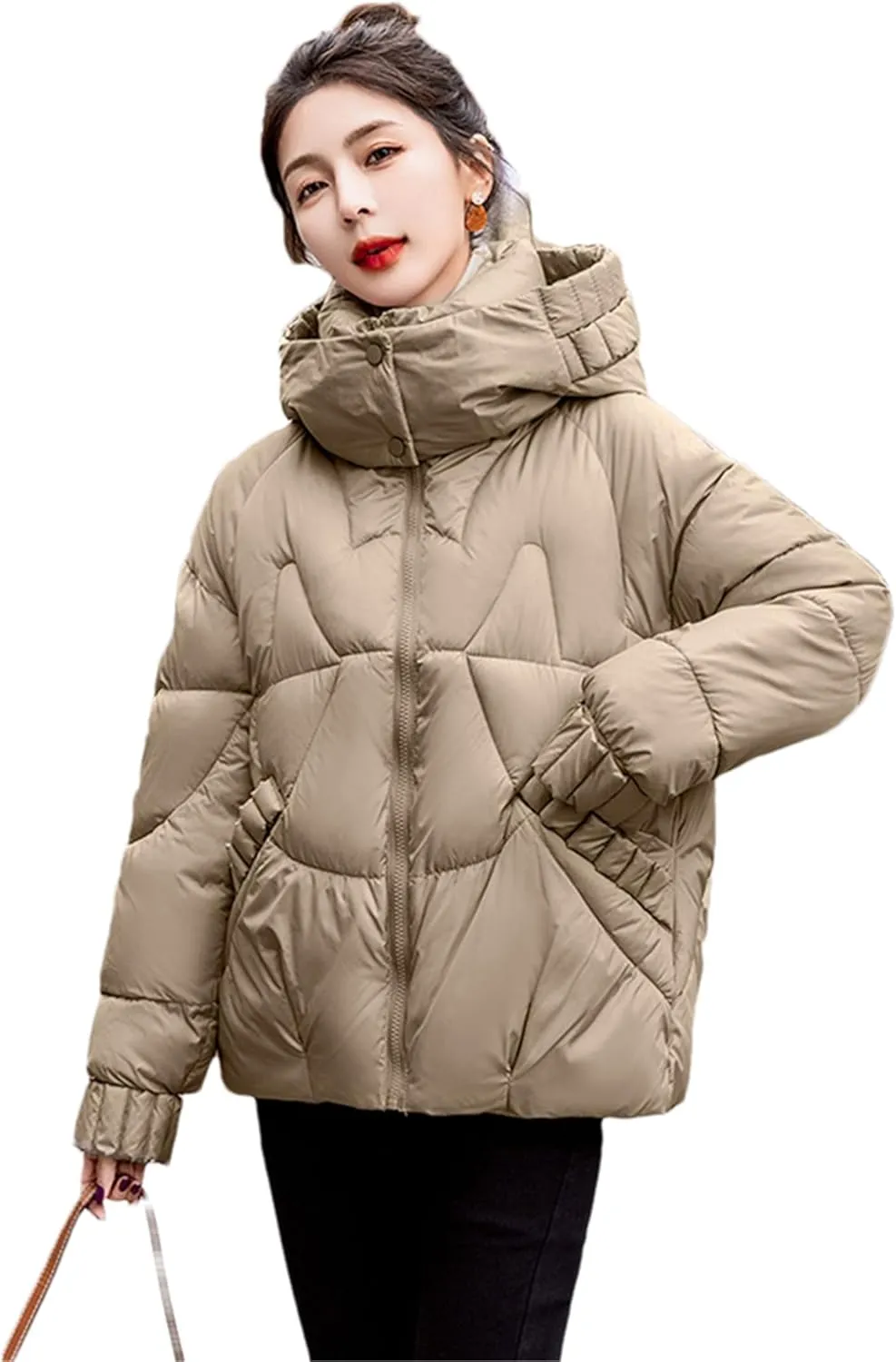 Adhdyuud Women's Down Jackets Ultra Light Warm Casual Coat Puffer Hooded Parka Short Cotton Padded Overcoat