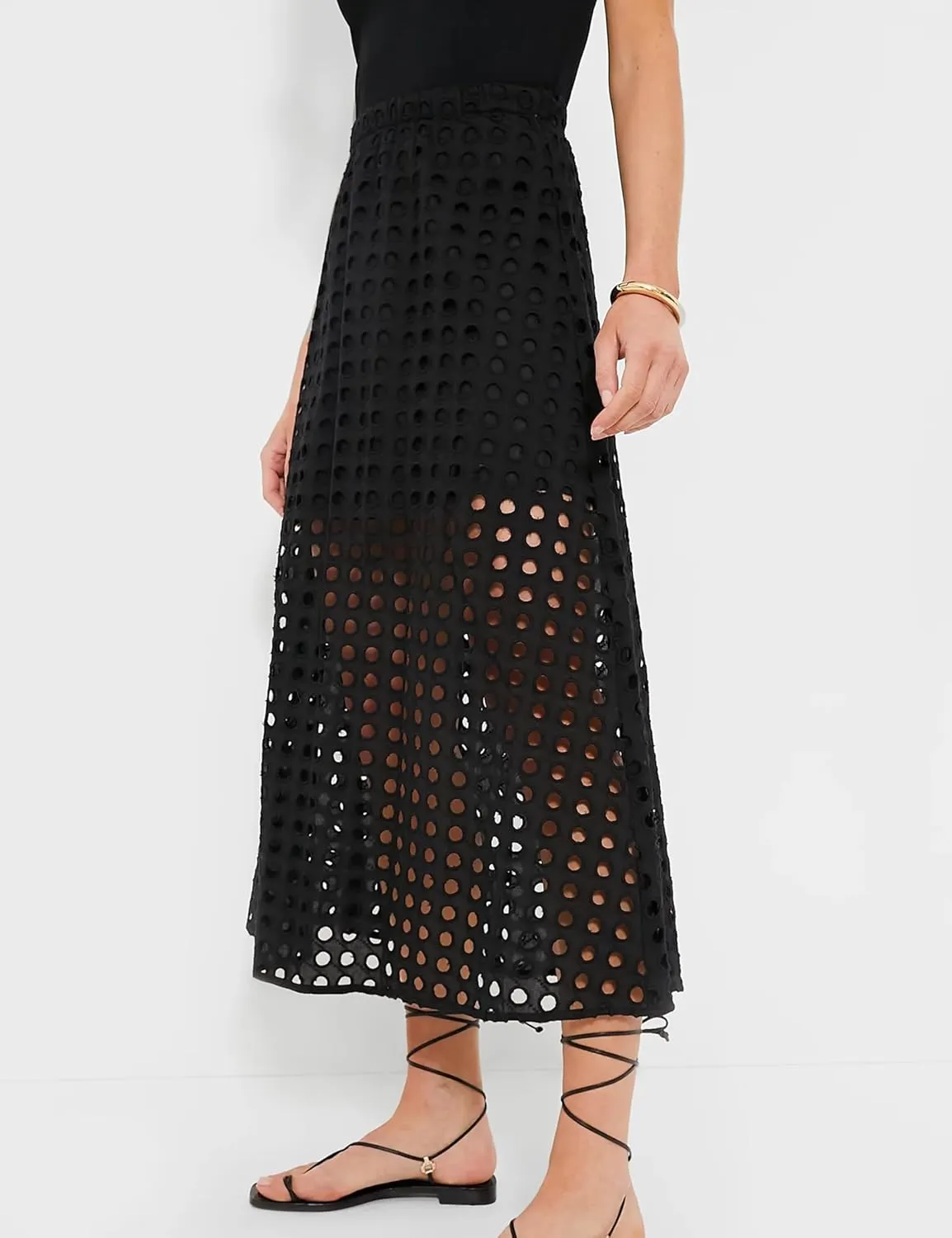 Ailoqing 2025 Summer Casual Long Skirt for Women Cotton Eyelet Beach Maxi Skirt with Underneath