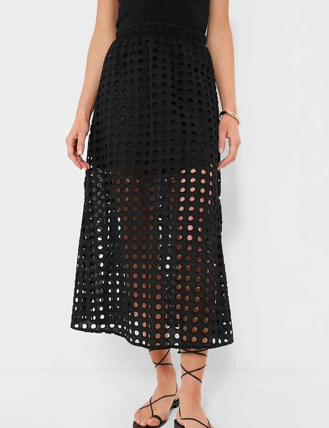 Ailoqing 2025 Summer Casual Long Skirt for Women Cotton Eyelet Beach Maxi Skirt with Underneath