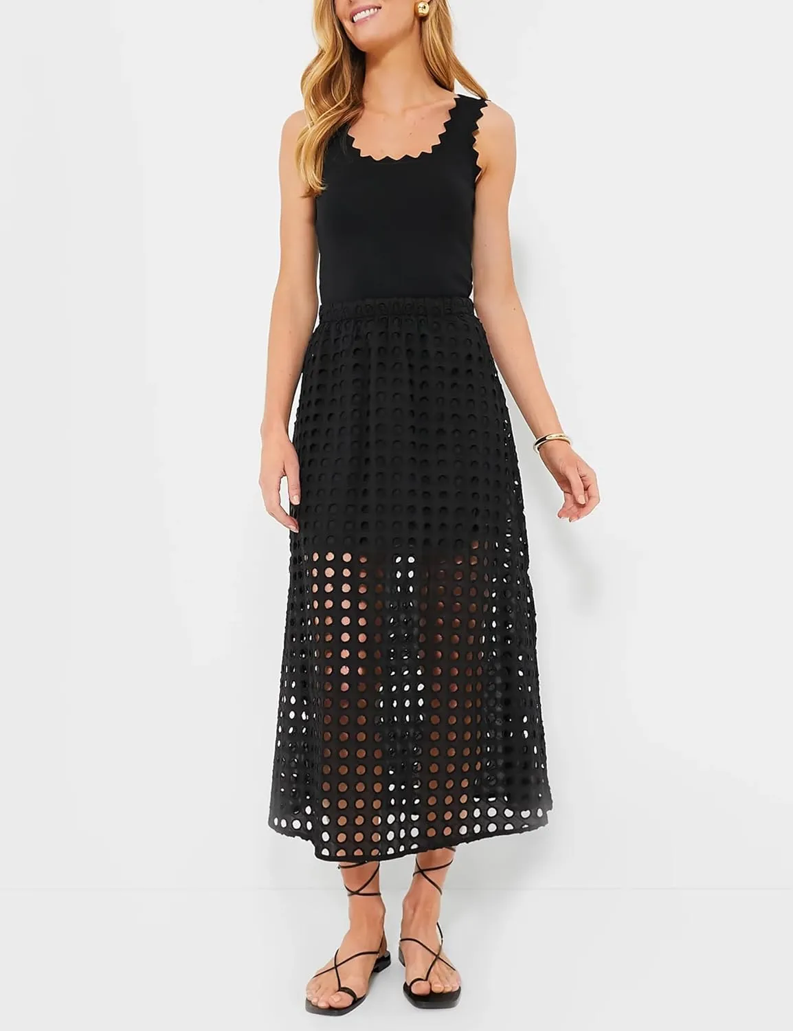 Ailoqing 2025 Summer Casual Long Skirt for Women Cotton Eyelet Beach Maxi Skirt with Underneath