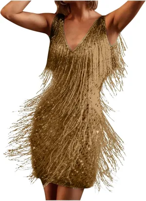 Akklian Women's Fringed Sparkly Sequin Dress Fashion Flapper Plus Size Tassels Dress Evening Party Dance Mini Cocktail Dress