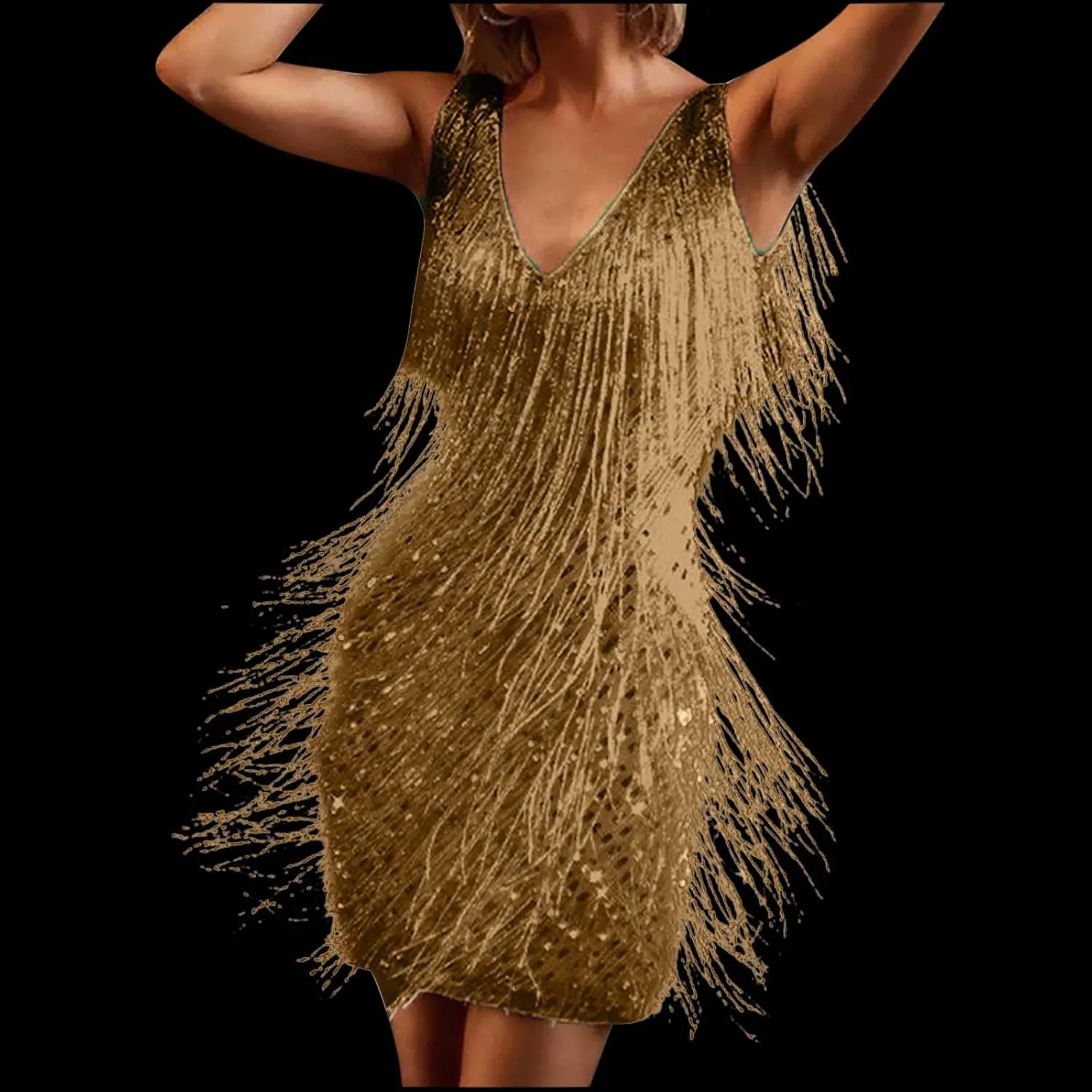 Akklian Women's Fringed Sparkly Sequin Dress Fashion Flapper Plus Size Tassels Dress Evening Party Dance Mini Cocktail Dress