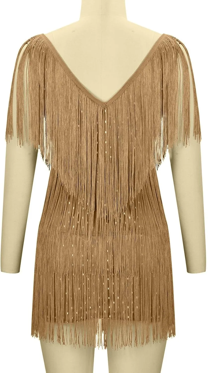 Akklian Women's Fringed Sparkly Sequin Dress Fashion Flapper Plus Size Tassels Dress Evening Party Dance Mini Cocktail Dress