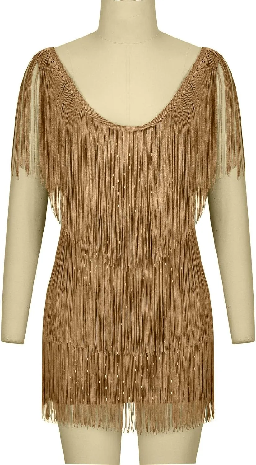 Akklian Women's Fringed Sparkly Sequin Dress Fashion Flapper Plus Size Tassels Dress Evening Party Dance Mini Cocktail Dress