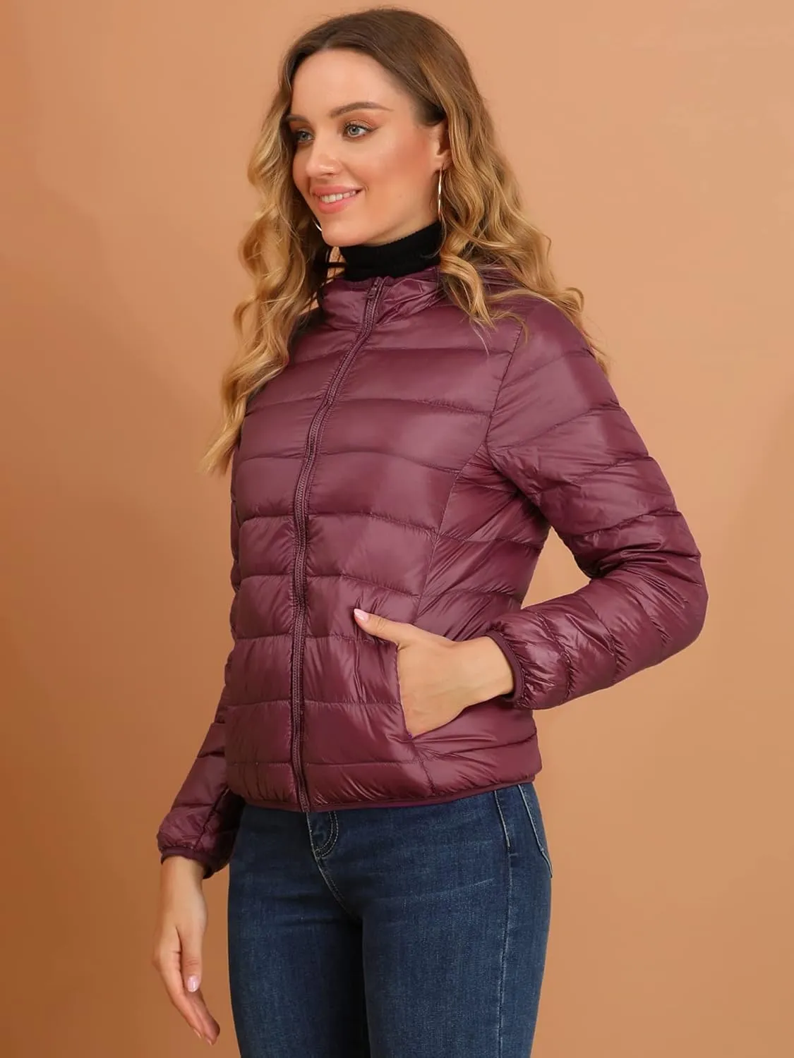 Allegra K Women's Puffer Coat Winter Long Sleeve Zip Up Hooded Lightweight Packable Down Jacket