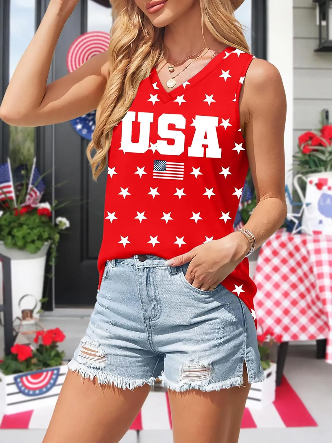 American Flag Tank Tops Women V Neck Patriotic Star Striped Shirt 4th of July Sequin Vest USA Girls Tee