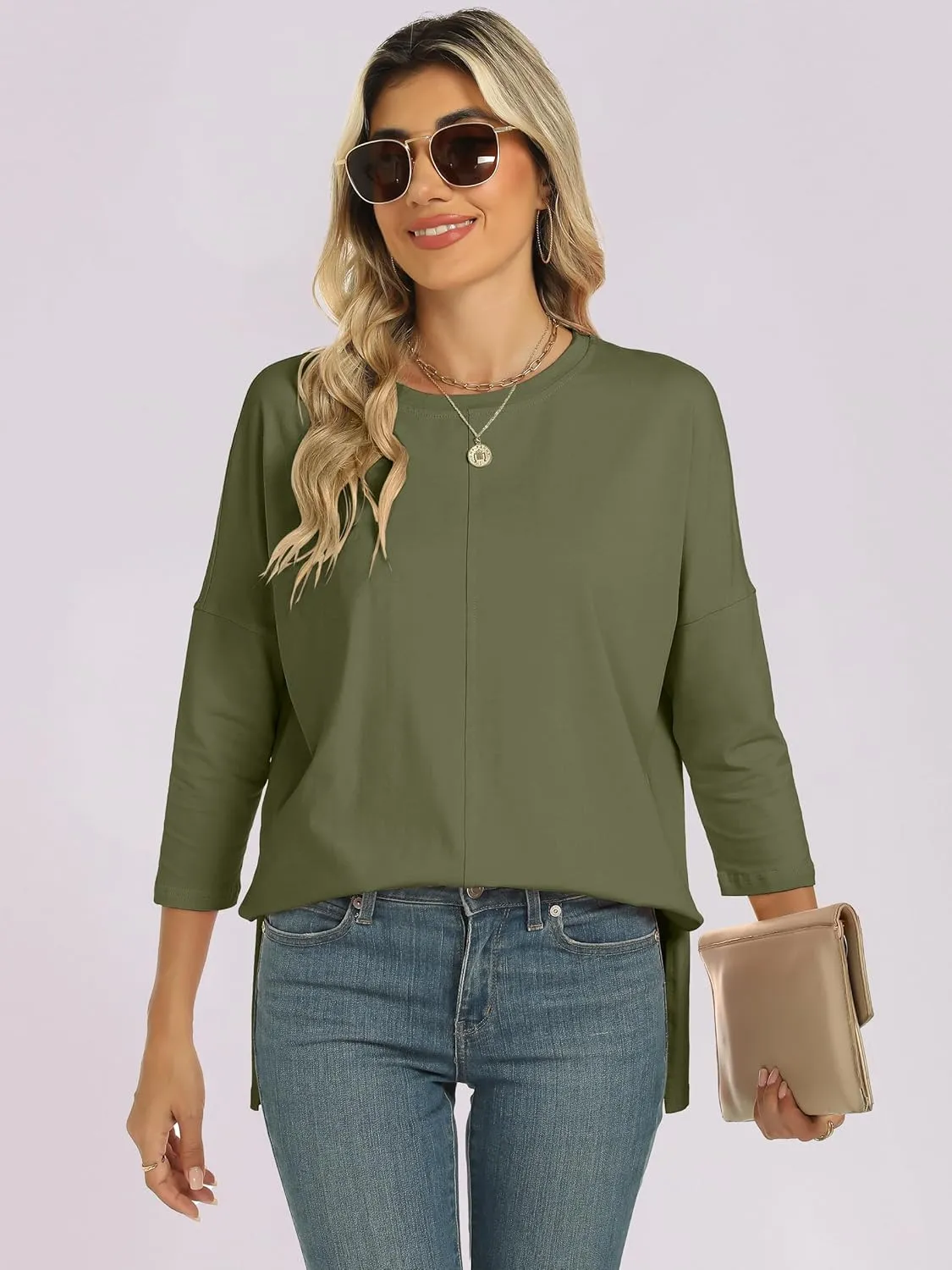 ANRABESS Womens 3/4 Length Sleeve Tops Loose Fit Tunic Shirts Oversized Spring Summer Casual Crew Neck Basic Boxy Tee