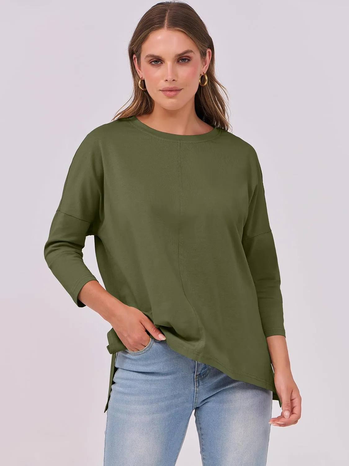 ANRABESS Womens 3/4 Length Sleeve Tops Loose Fit Tunic Shirts Oversized Spring Summer Casual Crew Neck Basic Boxy Tee