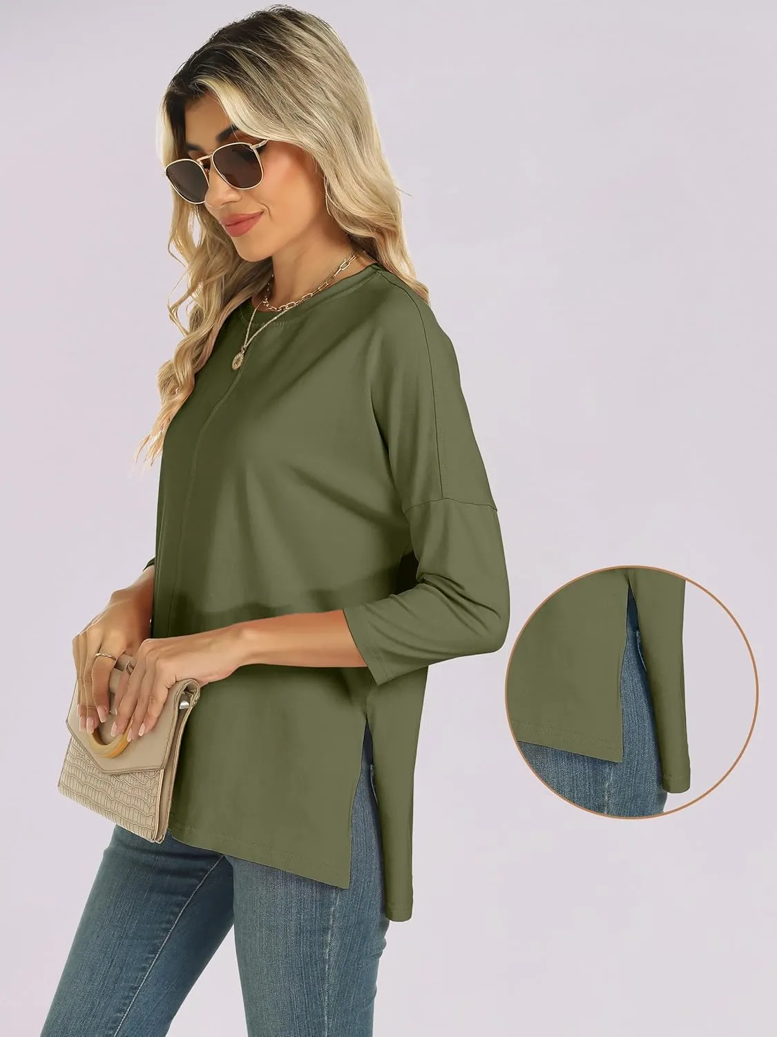 ANRABESS Womens 3/4 Length Sleeve Tops Loose Fit Tunic Shirts Oversized Spring Summer Casual Crew Neck Basic Boxy Tee