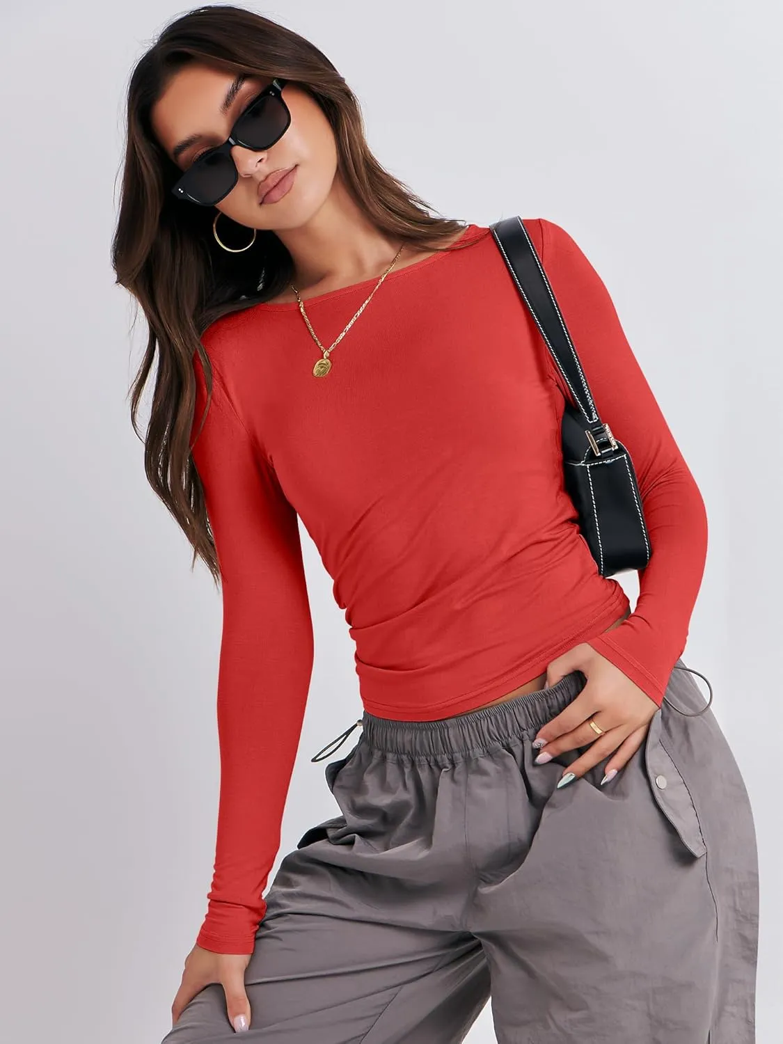 ANRABESS Womens Long Sleeve Shirts Tight Fitted Going Out Crop Tops Crewneck Basic Tee Y2k Outfits Teens Girls Clothes