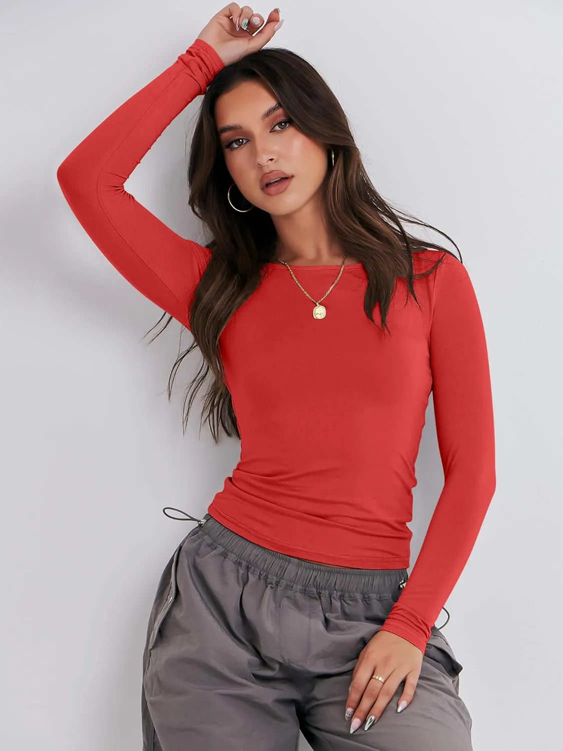 ANRABESS Womens Long Sleeve Shirts Tight Fitted Going Out Crop Tops Crewneck Basic Tee Y2k Outfits Teens Girls Clothes