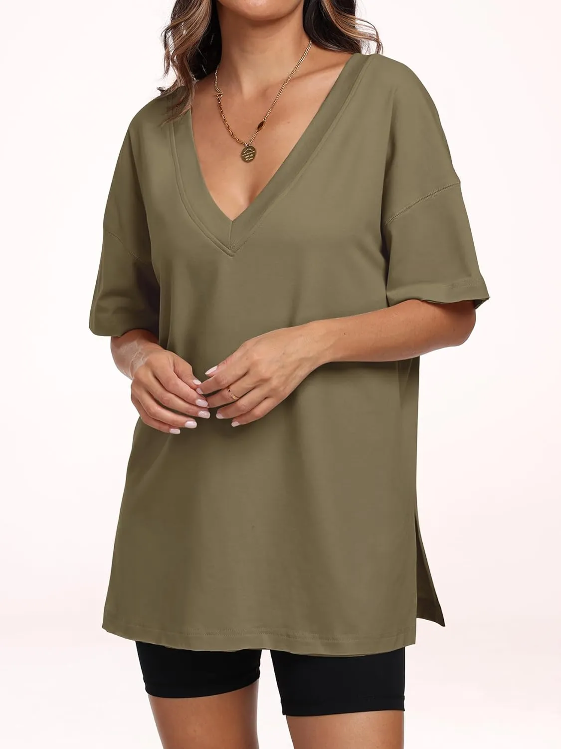 ANRABESS Women's Oversized T-Shirt Short Sleeve V Neck Loose Baggy Reversible Tops Casual Tee Shirts Summer Outfits 2025