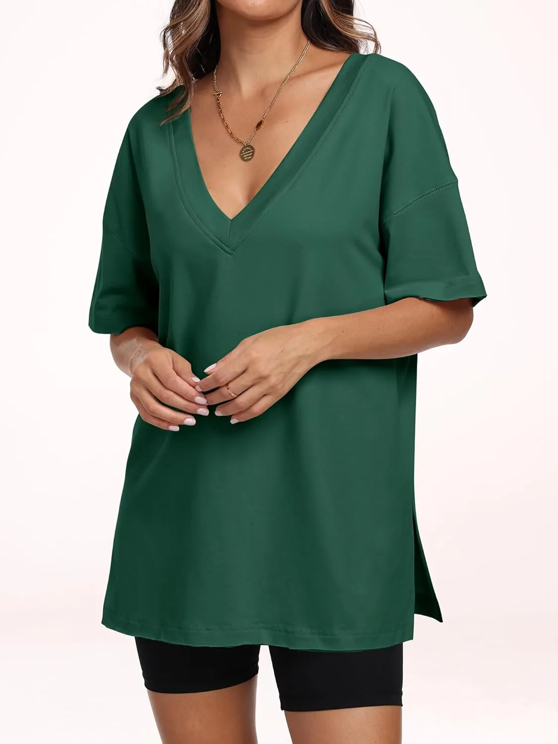 ANRABESS Women's Oversized T-Shirt Short Sleeve V Neck Loose Baggy Reversible Tops Casual Tee Shirts Summer Outfits 2025