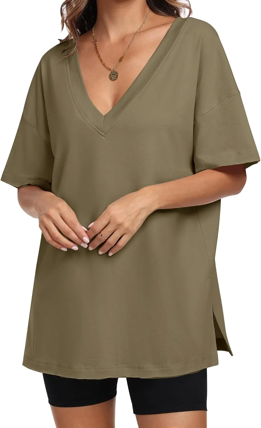 ANRABESS Women's Oversized T-Shirt Short Sleeve V Neck Loose Baggy Reversible Tops Casual Tee Shirts Summer Outfits 2025