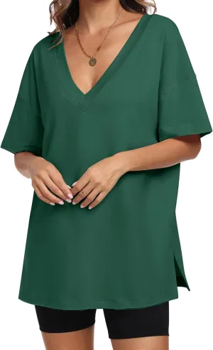 ANRABESS Women's Oversized T-Shirt Short Sleeve V Neck Loose Baggy Reversible Tops Casual Tee Shirts Summer Outfits 2025