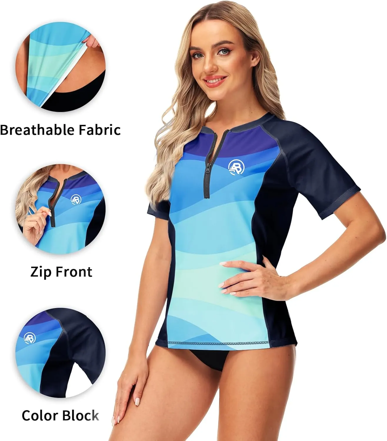AOBUTE Women Zip Rash Guard UPF 50  Gradient Short Sleeve Swim Top Surf Shirts