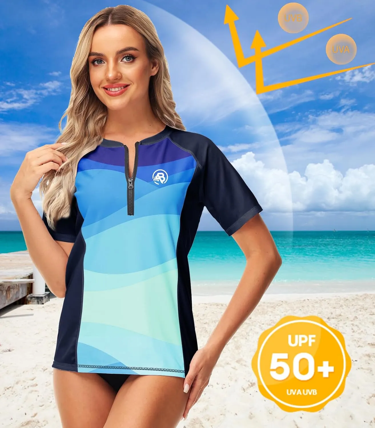 AOBUTE Women Zip Rash Guard UPF 50  Gradient Short Sleeve Swim Top Surf Shirts