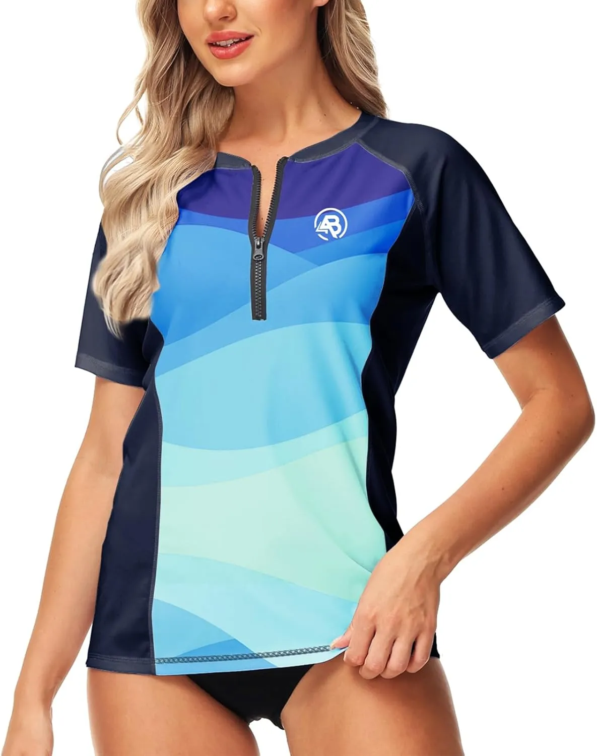 AOBUTE Women Zip Rash Guard UPF 50  Gradient Short Sleeve Swim Top Surf Shirts