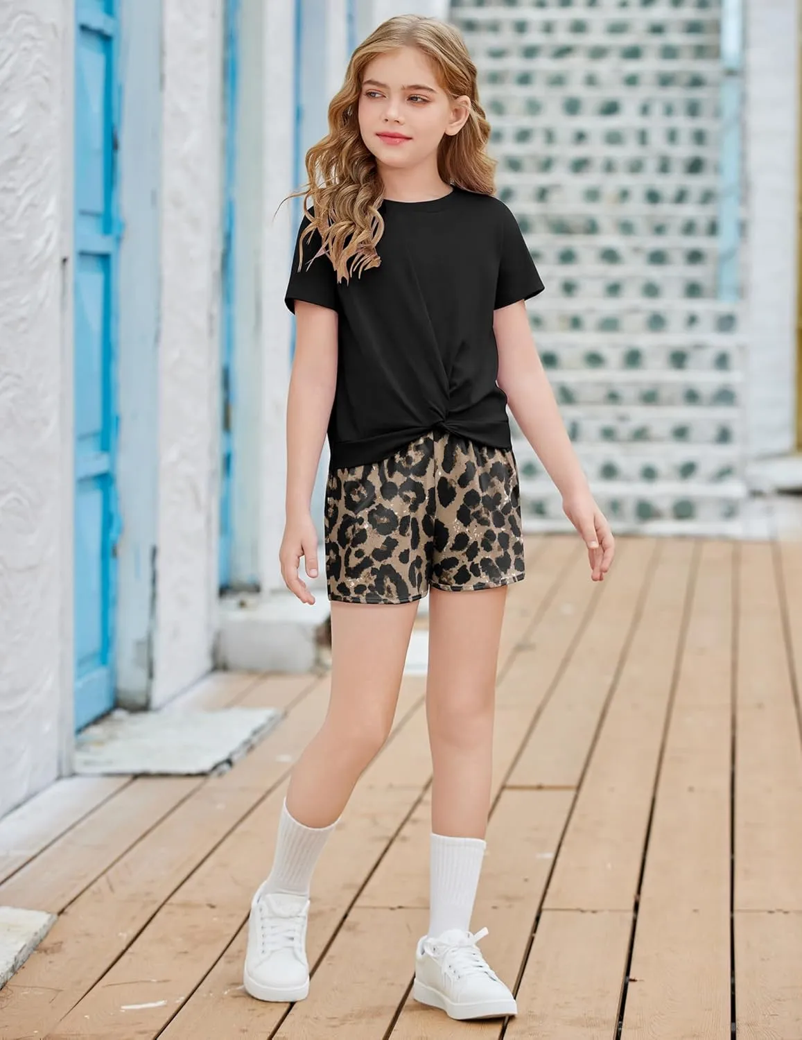 Arshiner Girls Casual Tie Dye Short-Sleeve T-Shirt Cute Print Summer Blouse for Girls Twist Front Tunic Tee Tops