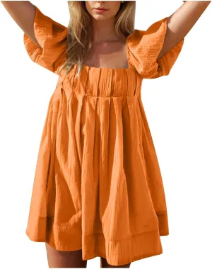 Babydoll Dresses for Women 2025 Cute Puff Short Sleeve Square Neck Tshirt Dress High Waist A Line Dress Mini Dresses