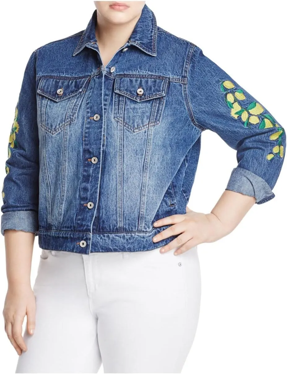 Bagatelle Womens Plus Lemon Embroidered Denim Jacket Blue 1X
