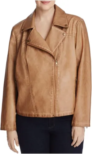 Bagatelle Womens Plus Washed Faux Leather Jacket Tan 2X