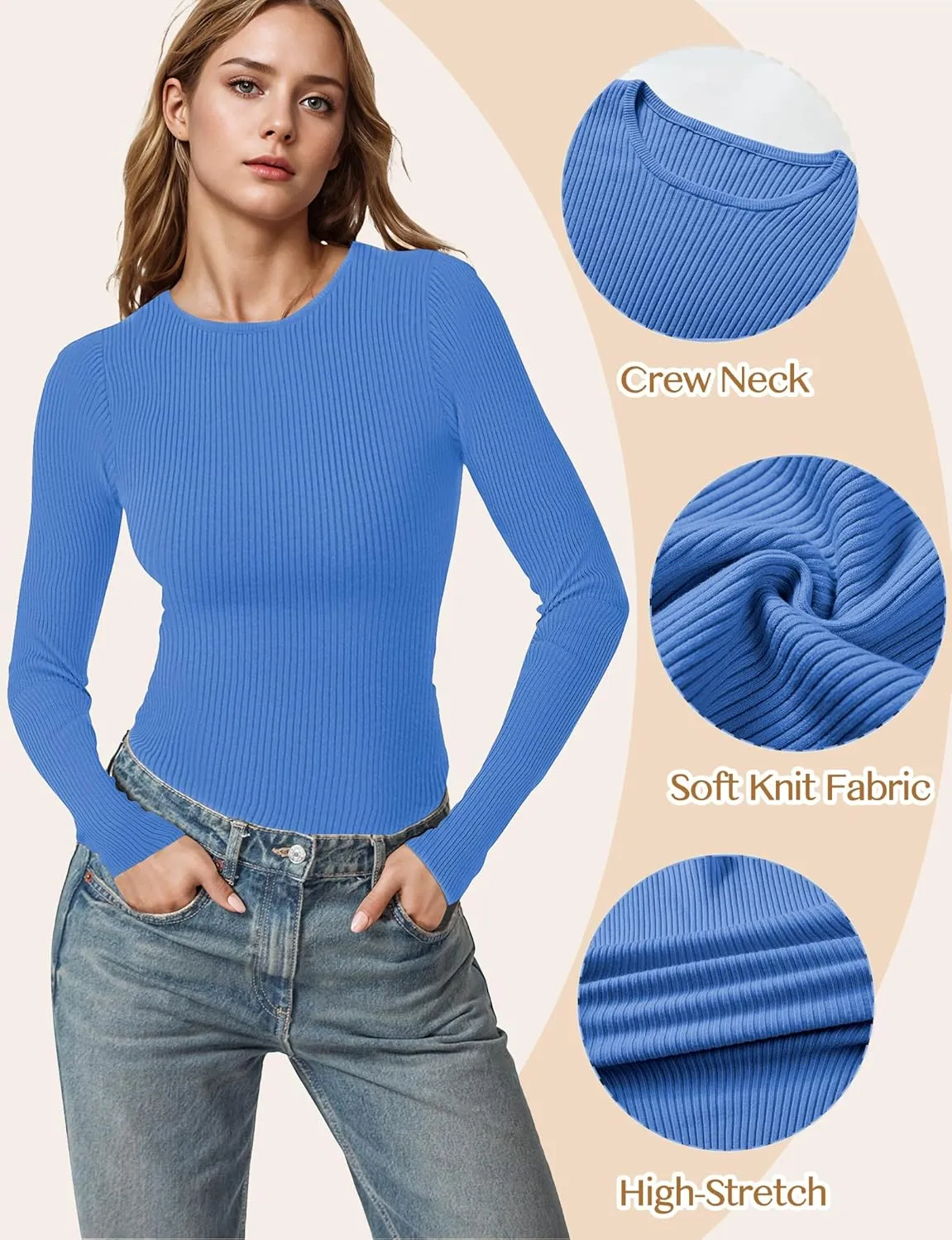Buauty Women's Long Sleeve Crewneck Sweater 2025 Fall Ribbed Knit Fitted Shirts Slim Solid Pullovers Basic Casual Tee Tops