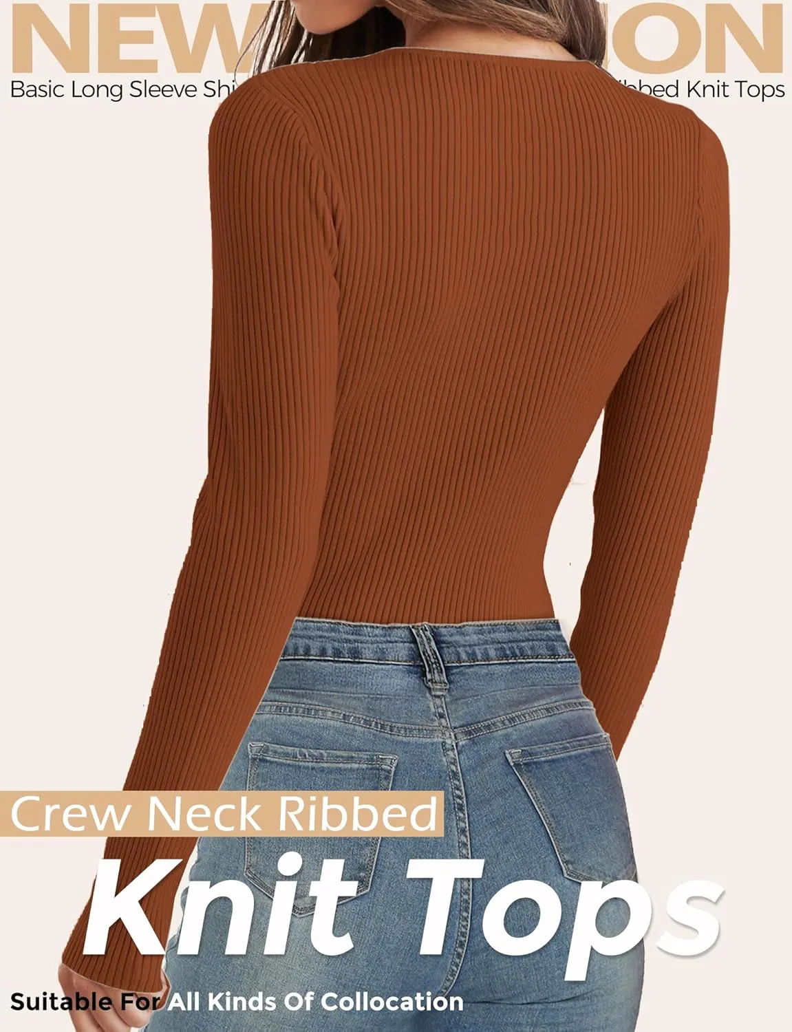 Buauty Women's Long Sleeve Crewneck Sweater 2025 Fall Ribbed Knit Fitted Shirts Slim Solid Pullovers Basic Casual Tee Tops