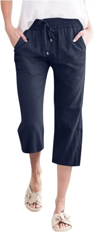 Capri Pants for Women Casual Summer 2025 Linen Capris Drawstring High Waist Wide Leg Cropped Trouser