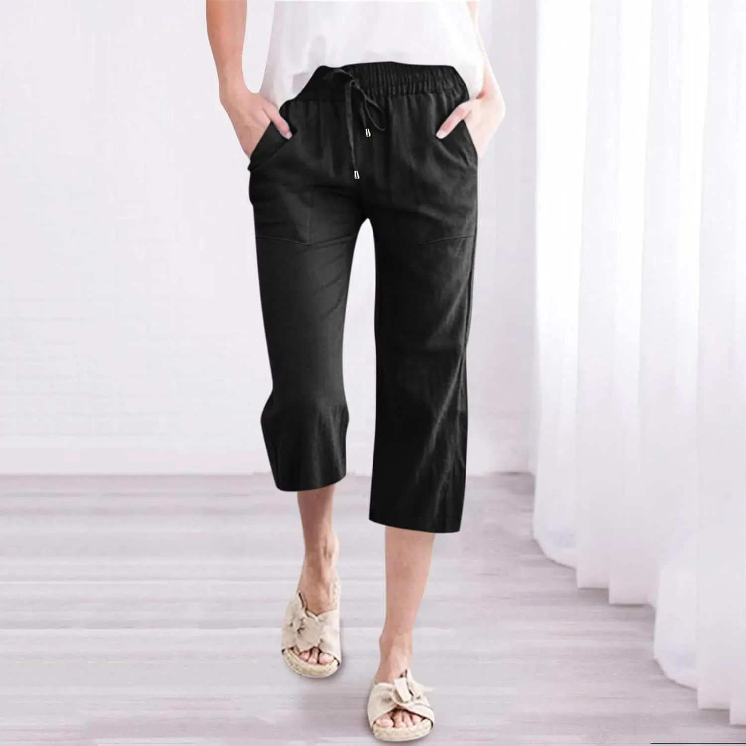 Capri Pants for Women Casual Summer 2025 Linen Capris Drawstring High Waist Wide Leg Cropped Trouser