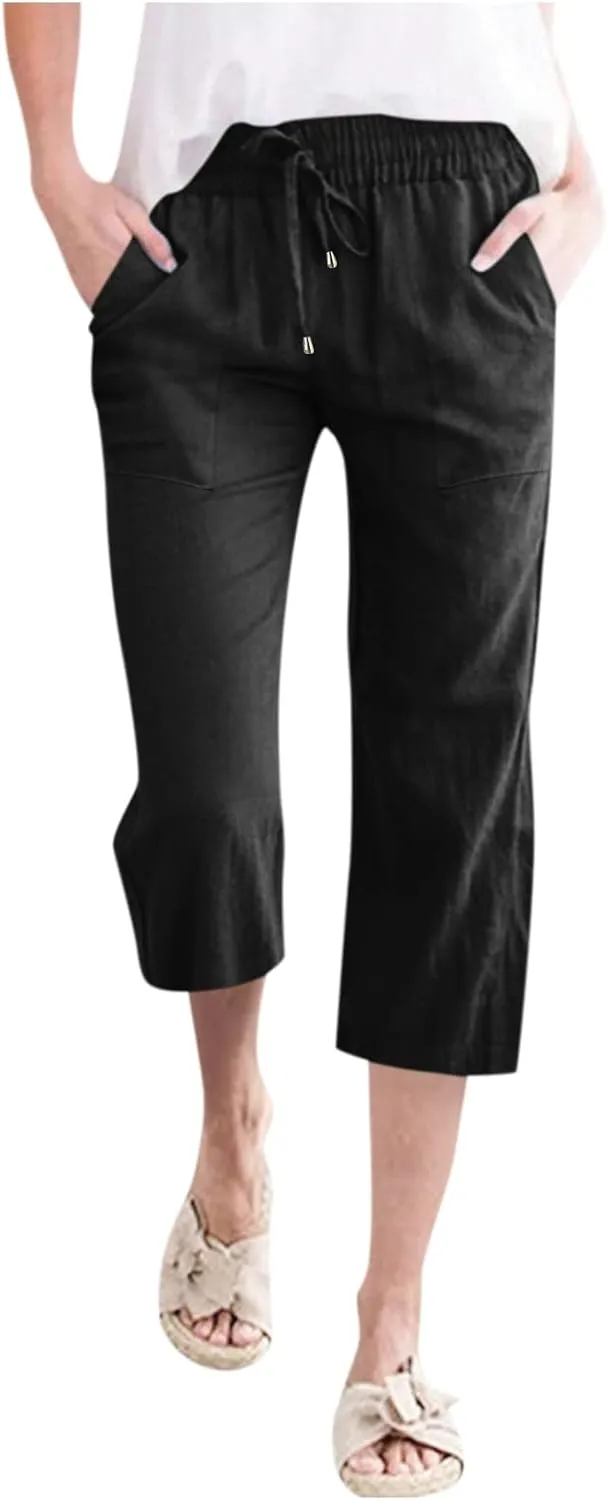Capri Pants for Women Casual Summer 2025 Linen Capris Drawstring High Waist Wide Leg Cropped Trouser