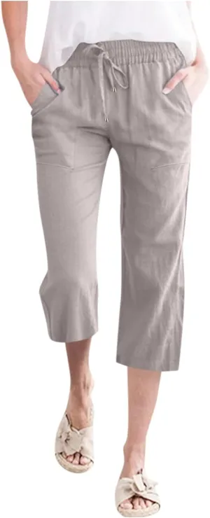 Capri Pants for Women Casual Summer 2025 Linen Capris Drawstring High Waist Wide Leg Cropped Trouser