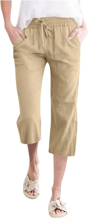 Capri Pants for Women Casual Summer Linen Capris Drawstring Elastic Waist Wide Leg Cropped Trousers