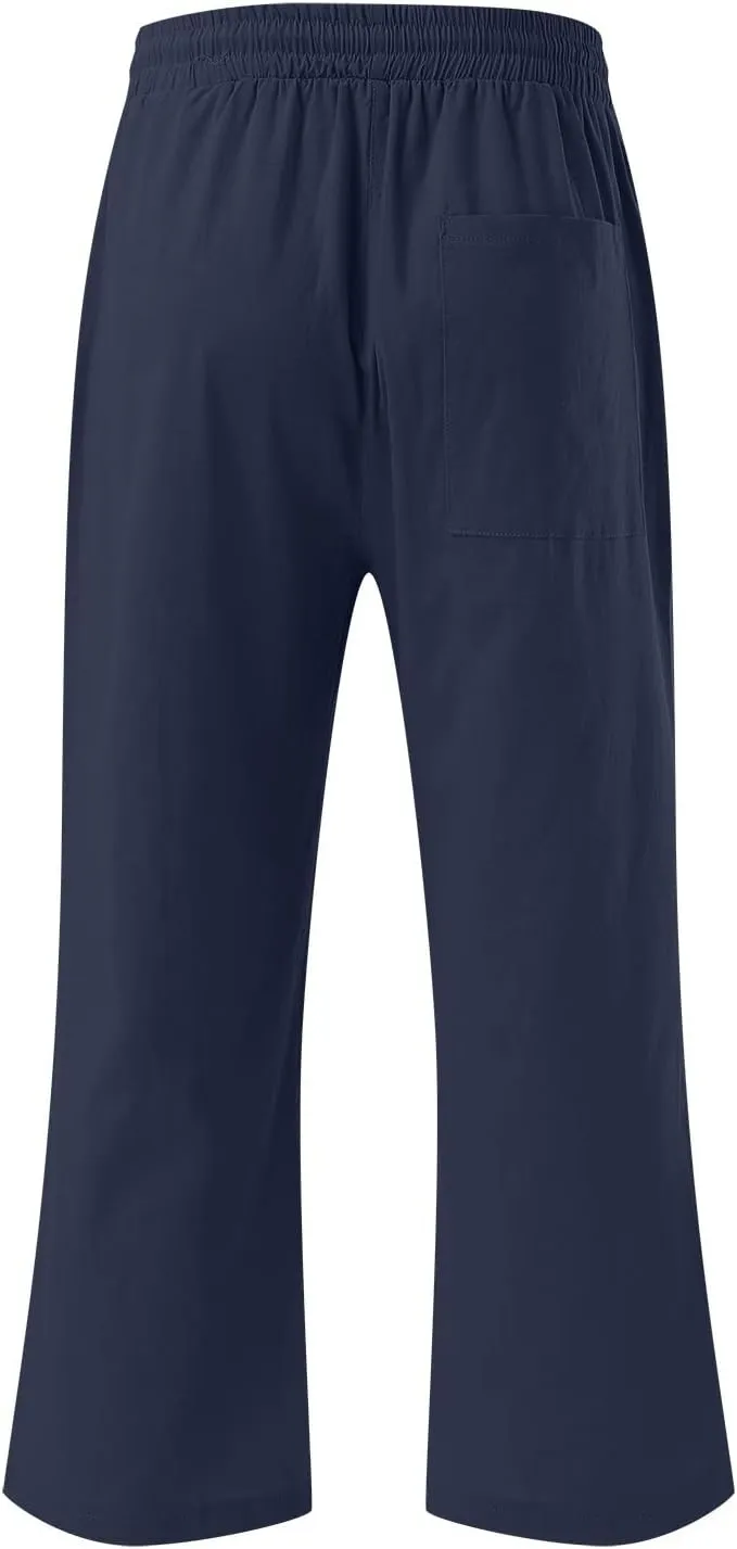 Capri Pants for Women Casual Summer Linen Capris Drawstring Elastic Waist Wide Leg Cropped Trousers