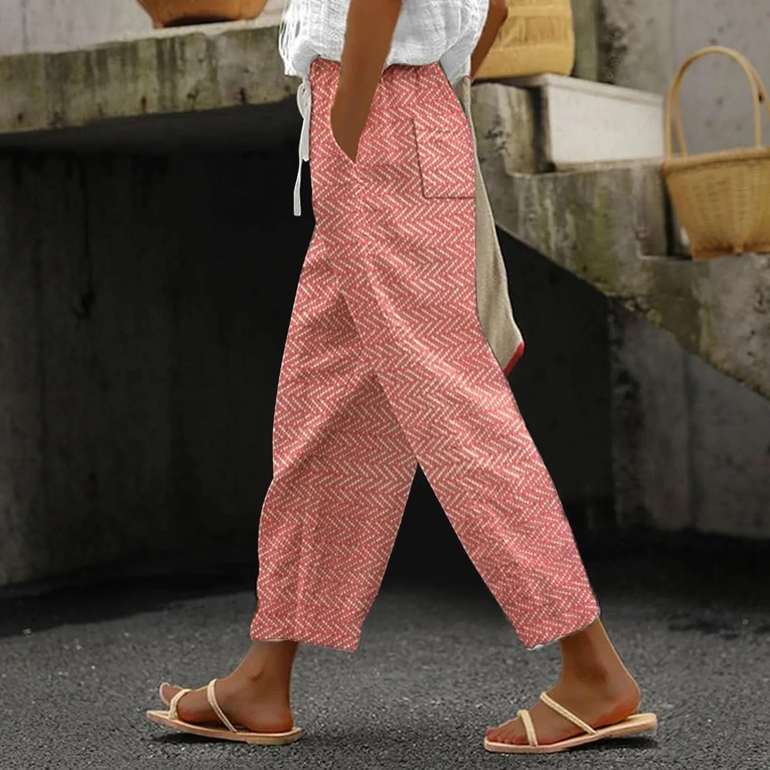 Capri Pants for Women Drawstring Capri Pants with Pockets Wide Leg Cropped Pants for Women Capri Linen Pants for