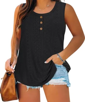 CARCOS Plus Size Tank Tops for Women Hollow Out Sleeveless Shirts Crewneck Embroidery Tee Tunics Casual Camisole Tank XL-5XL