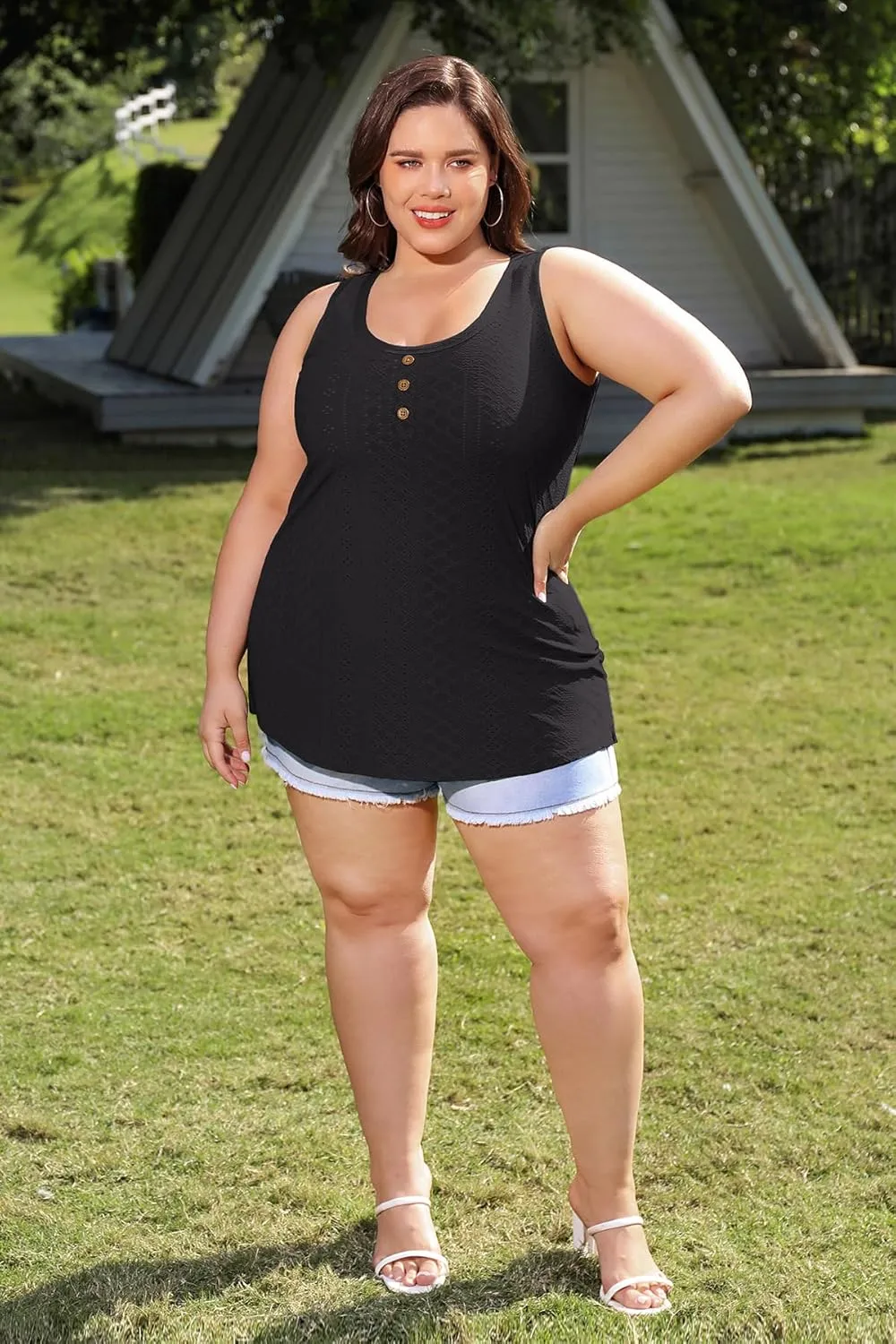 CARCOS Plus Size Tank Tops for Women Hollow Out Sleeveless Shirts Crewneck Embroidery Tee Tunics Casual Camisole Tank XL-5XL
