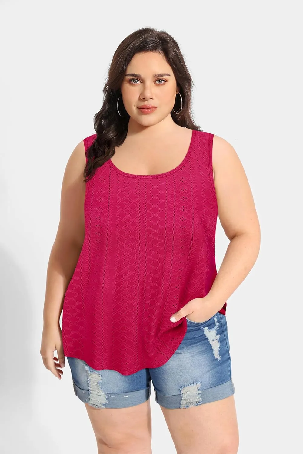 CARCOS Plus Size Tank Tops for Women Hollow Out Sleeveless Shirts Crewneck Embroidery Tee Tunics Casual Camisole Tank XL-5XL