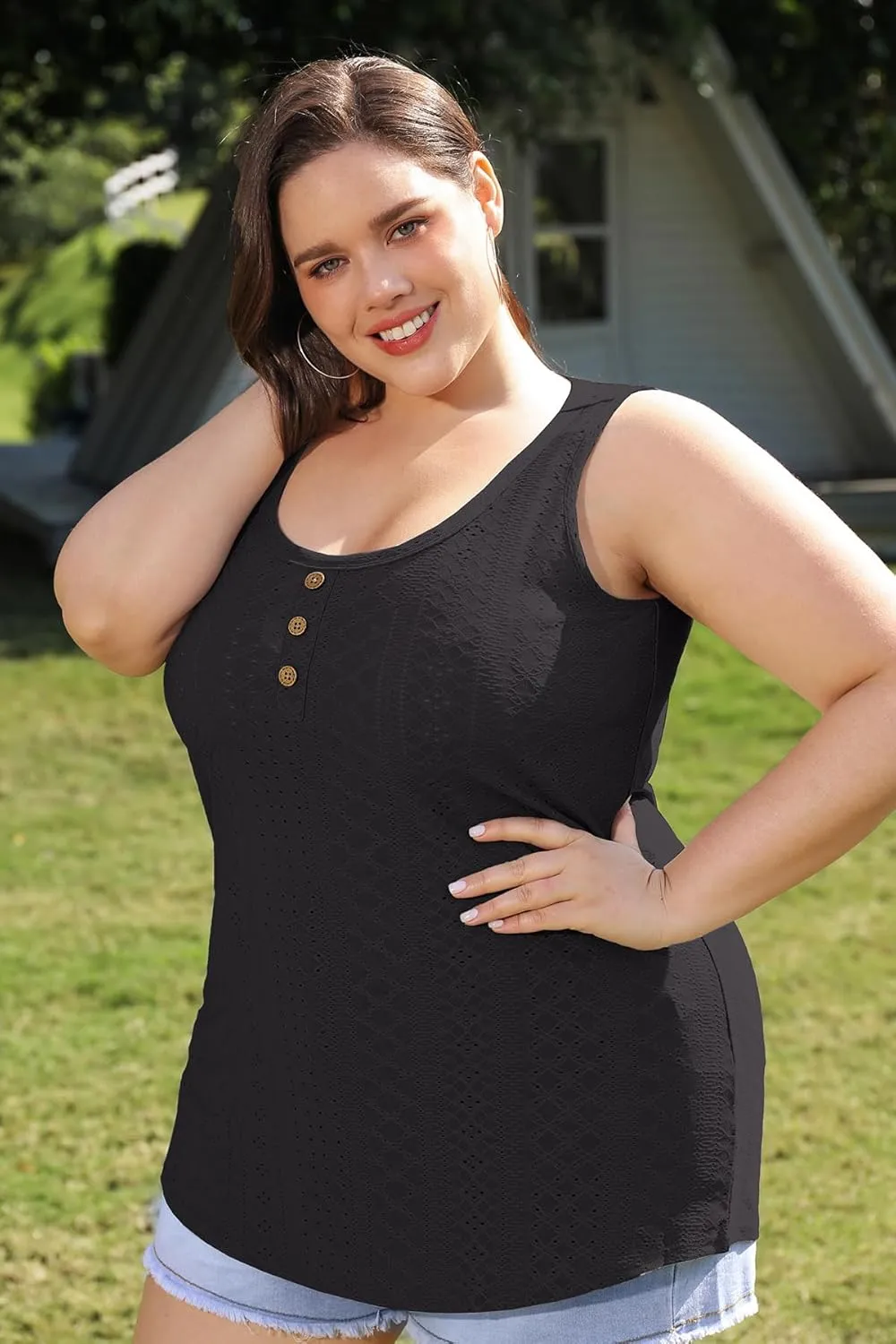 CARCOS Plus Size Tank Tops for Women Hollow Out Sleeveless Shirts Crewneck Embroidery Tee Tunics Casual Camisole Tank XL-5XL