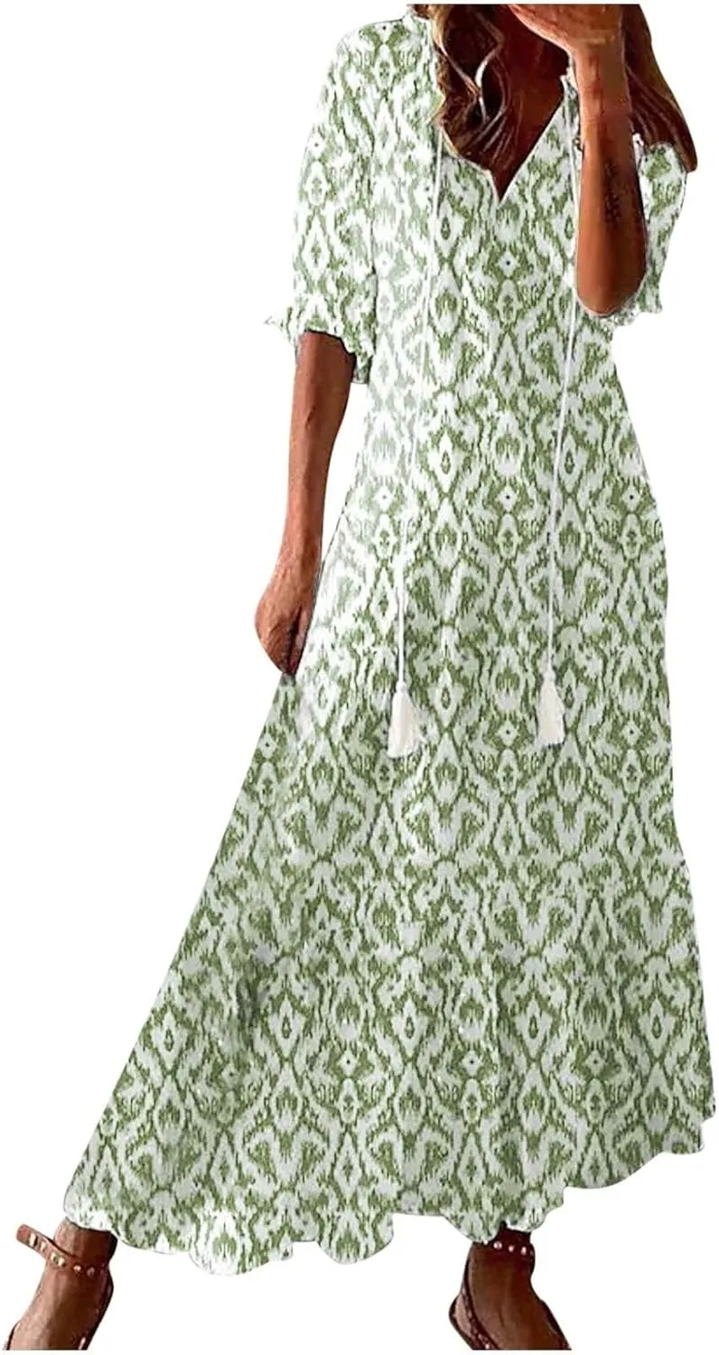 Casual Dresses for Women 2024 Short Sleeve Swiss Dot Maxi Dress Summer Fashion Short Sleeve Tiered Ruffle Long Dress