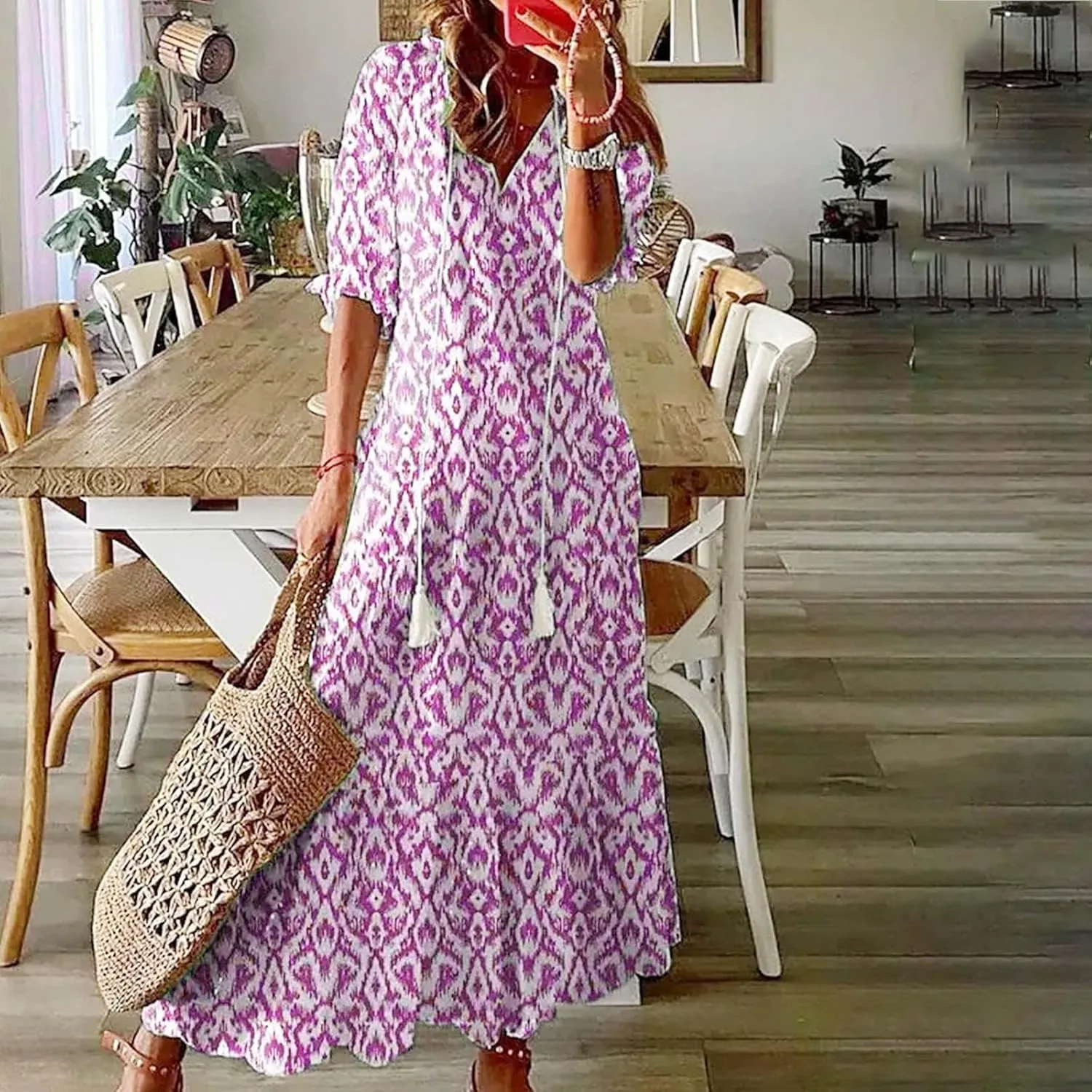 Casual Dresses for Women 2024 Short Sleeve Swiss Dot Maxi Dress Summer Fashion Short Sleeve Tiered Ruffle Long Dress