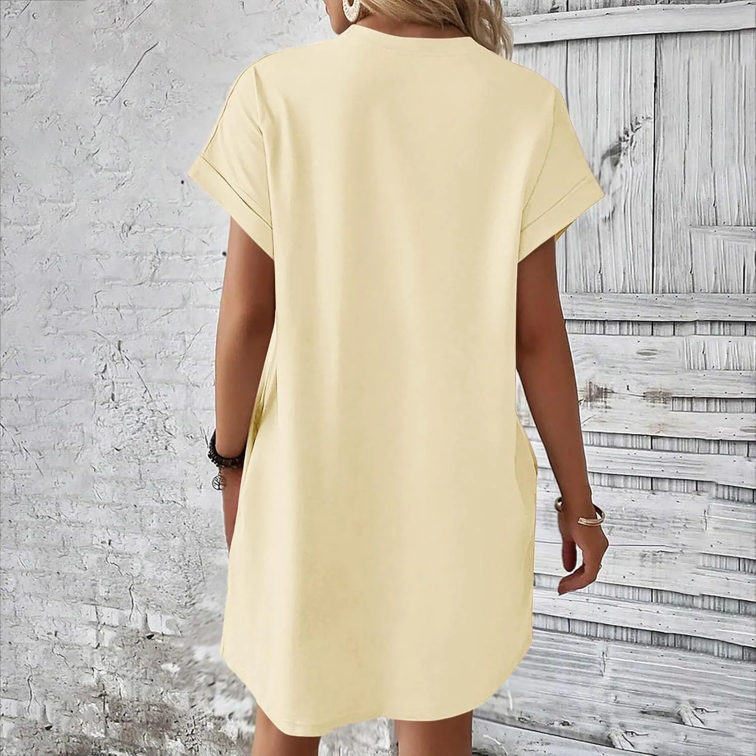Casual Short Sleeve Tee Dress for Women, Solid Round Neck Mini Dresses Comfy Regular Fit Summer Swing Hem Cute Dress